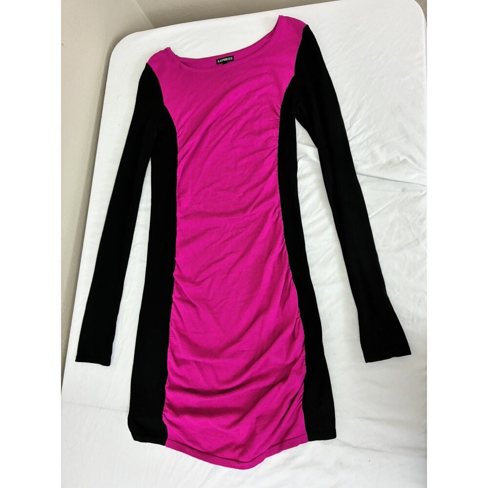 Express Women Size S/P Fuschia Black Long Sleeve Knee Sheath Dress - Picture 4 of 8